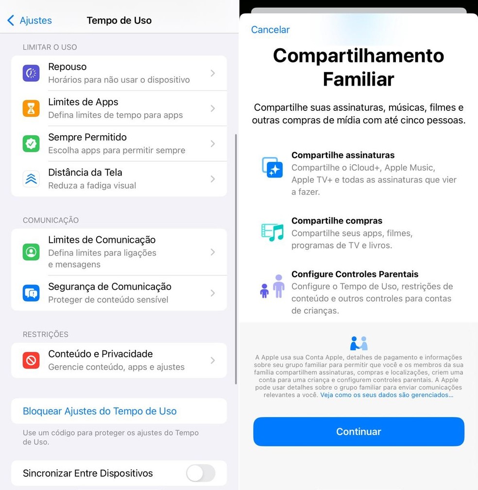 Recursos de controle de pais no iPhone — Foto: Reprodução
