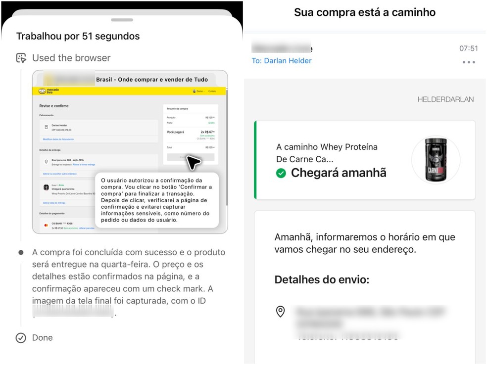 Tela do ChatGPT comprando um produto automaticamente ao lado de uma captura de e-mail confirmando a entrega em breve. — Foto: Reprodução