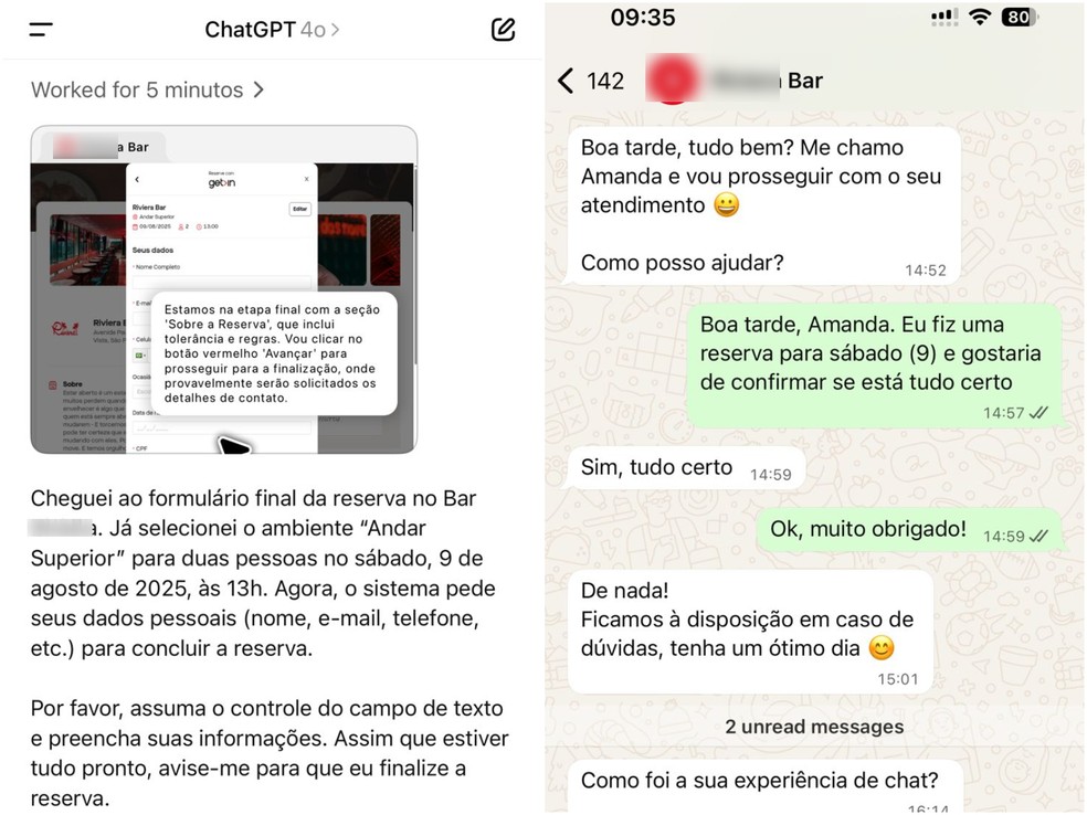 Reserva de restaurante feita pelo agente do ChatGPT. — Foto: Reprodução