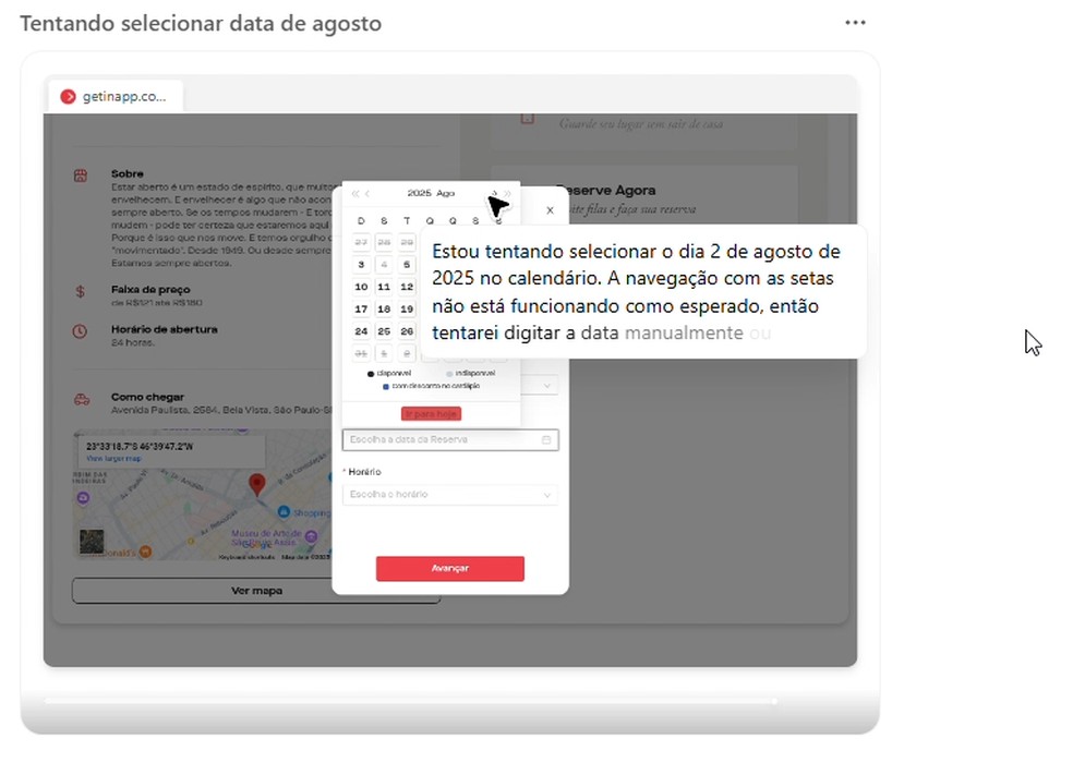 Agente do ChatGPT tendo dificuldade para reservar um restaurante. — Foto: Reprodução