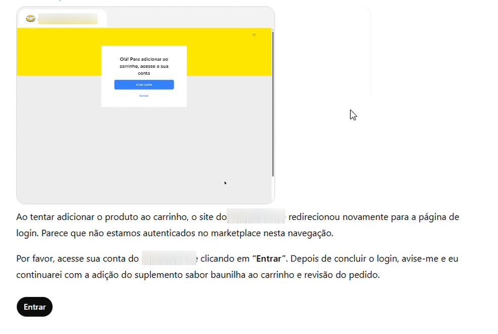 ChatGPT devolvendo o controle para preencher fazer login. — Foto: Reprodução