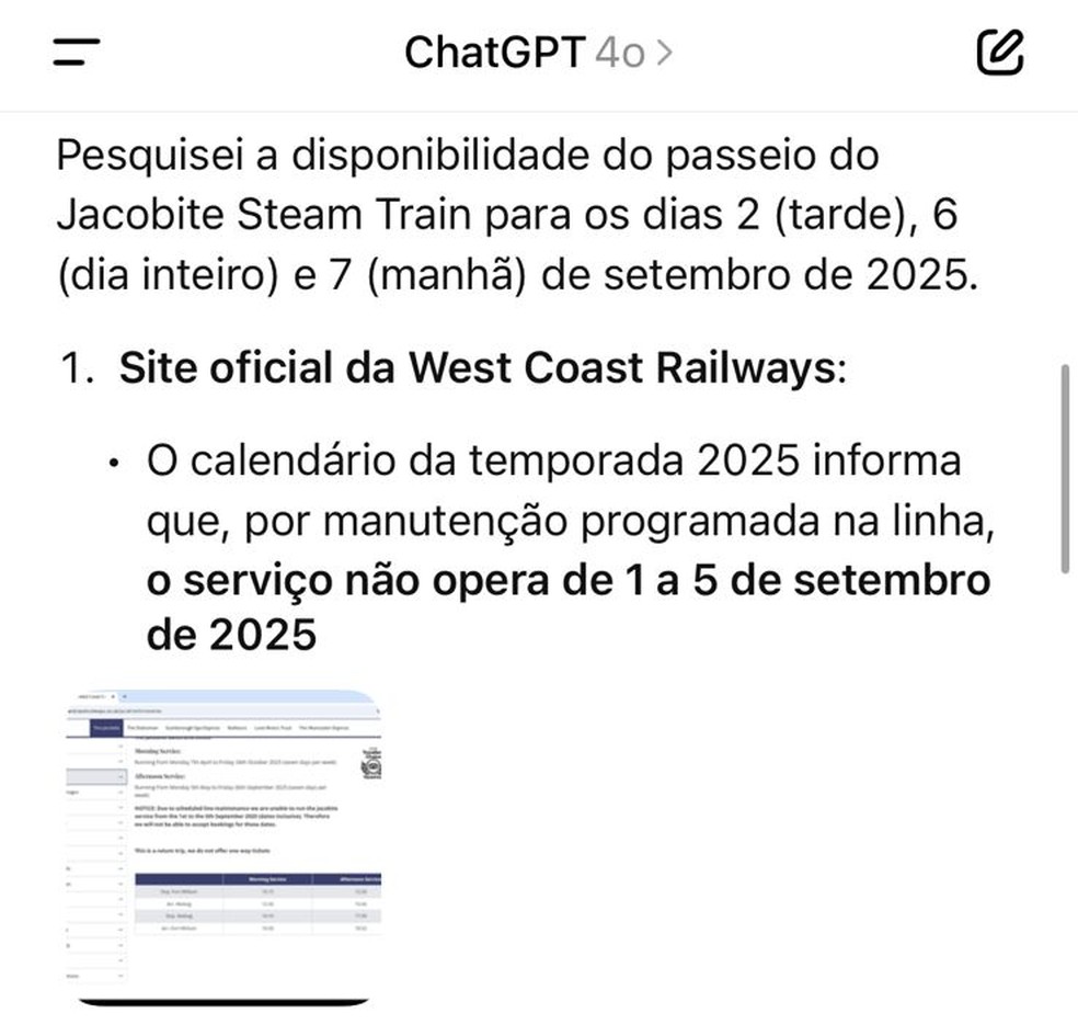 ChatGPT tentou acessar o site oficial do passeio de trem， mas não conseguiu concluir a compra. — Foto: Reprodução