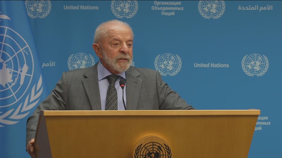 Lula durante entrevista coletiva na ONU — Foto: Reprodução